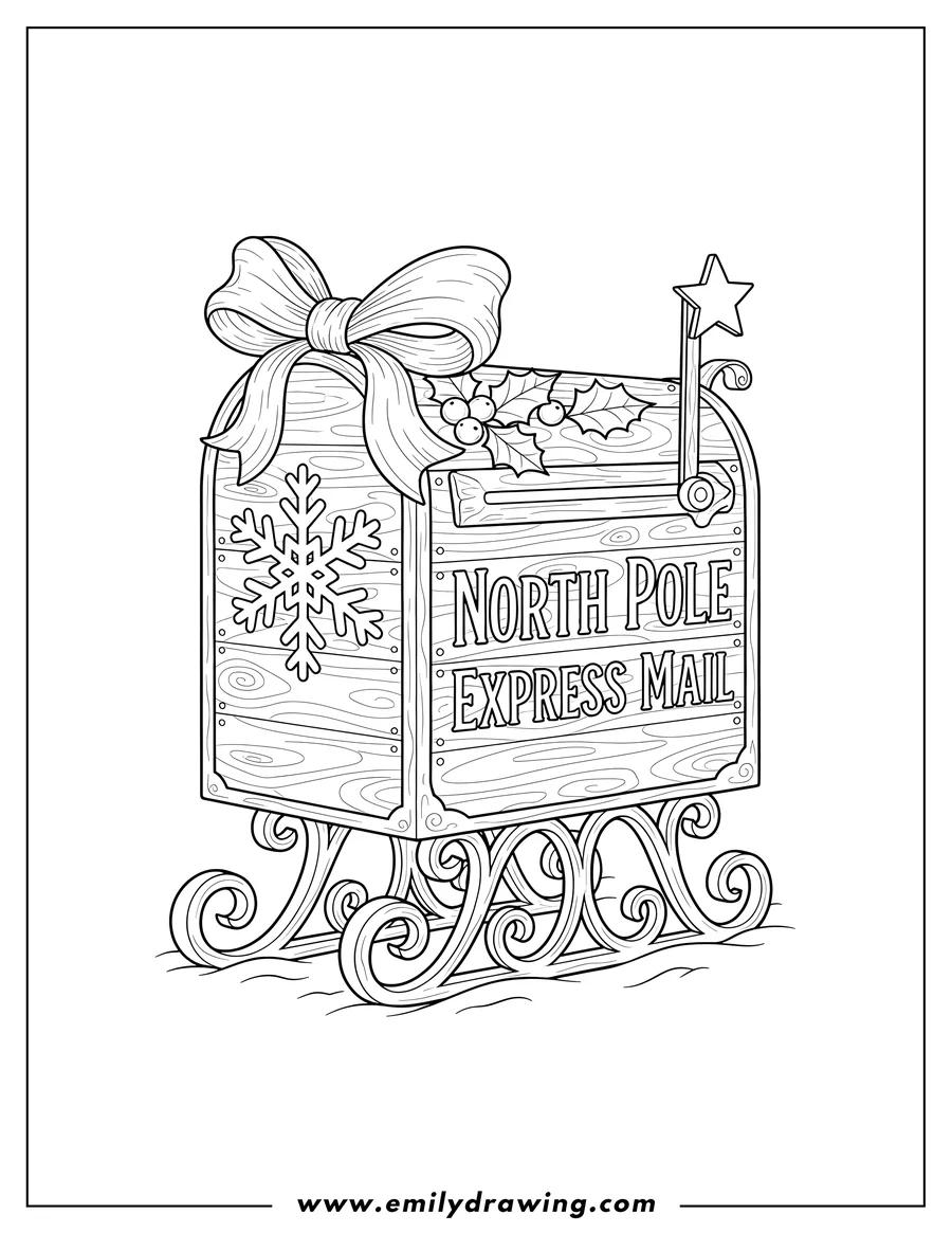 Downloadable coloring page of north Pole Express Mailbox with North Pole EXPRESS MAIL lettering, a snowflake, and holly decorations
