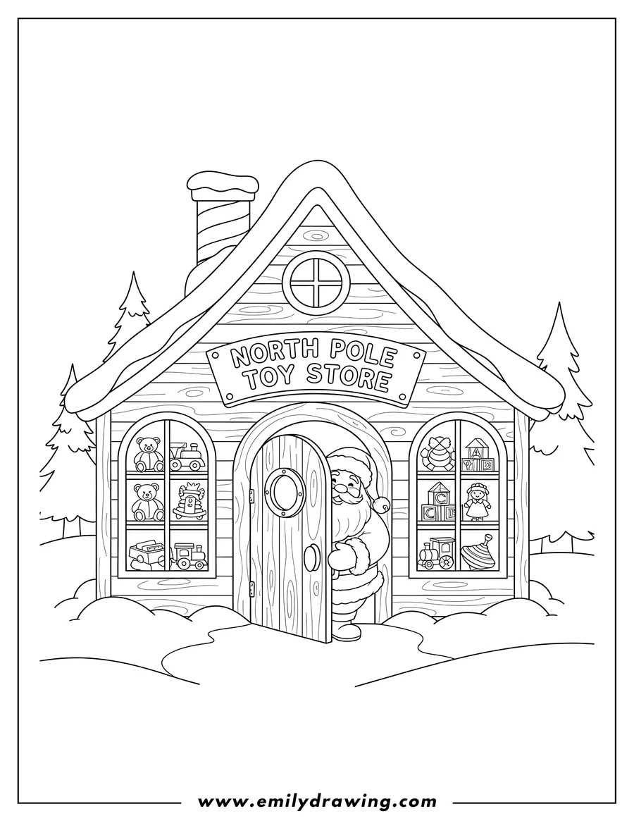 Doodle style coloring picture of north Pole Toy Store With Santa peeking out the door and toys in the windows