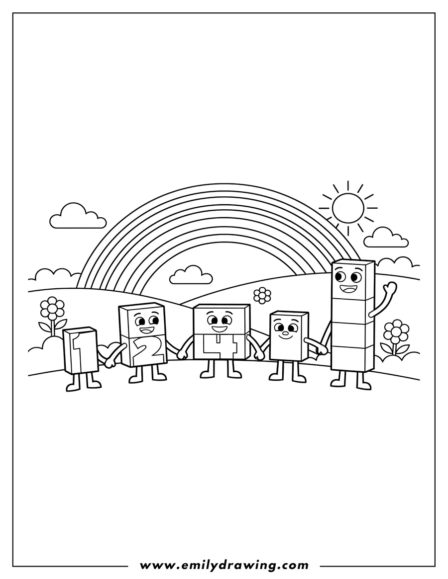 Clean line drawing: numberblocks 1 To 5 smiling and holding hands, with Numberblock 5 waving, in nature with a rainbow