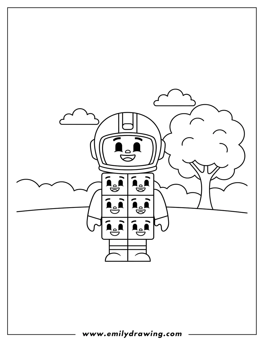 Downloadable coloring page of numberblocks 14 Outdoor Wearing Helmet, Smiling and Standing