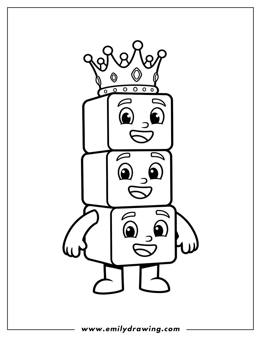 Coloring page for kids: numberblocks 3 wearing a crown, standing and smiling