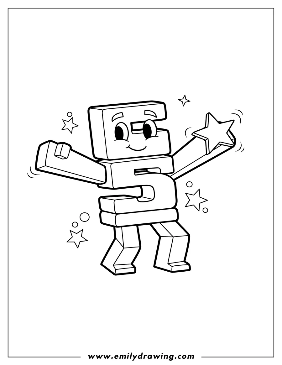 Black and white line art of numberblocks 5 Dancing with outstretched arms and a star on its hand