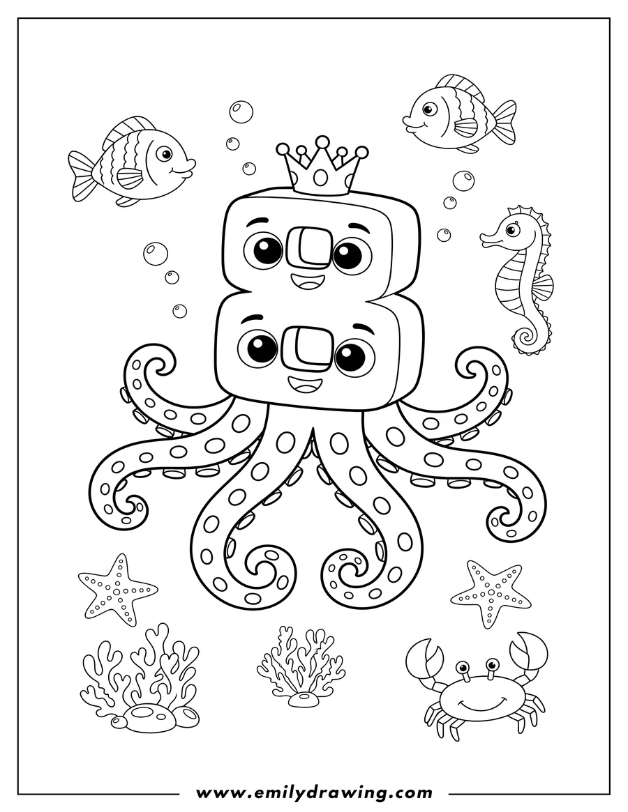 Full page coloring image of numberblocks 8 Under Sea as an octopus