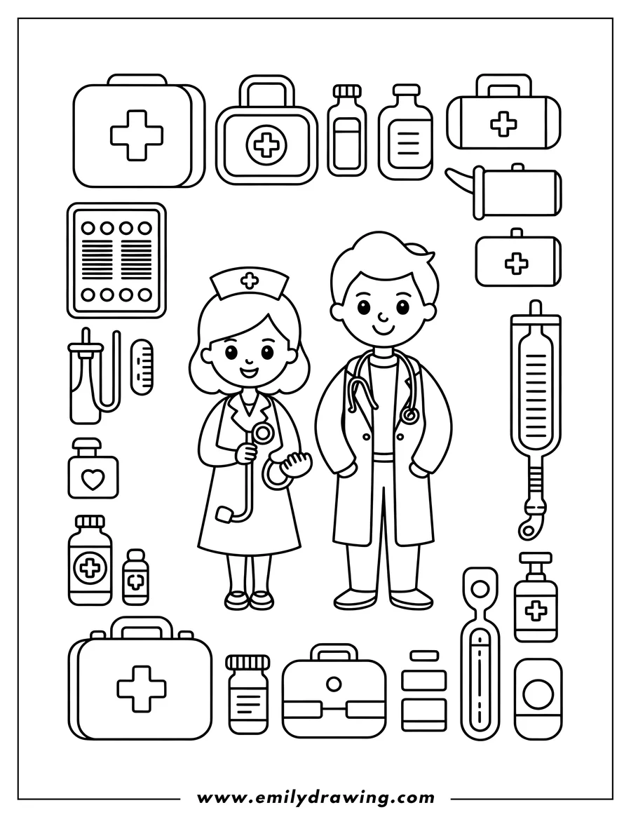 Full page coloring image of nurse