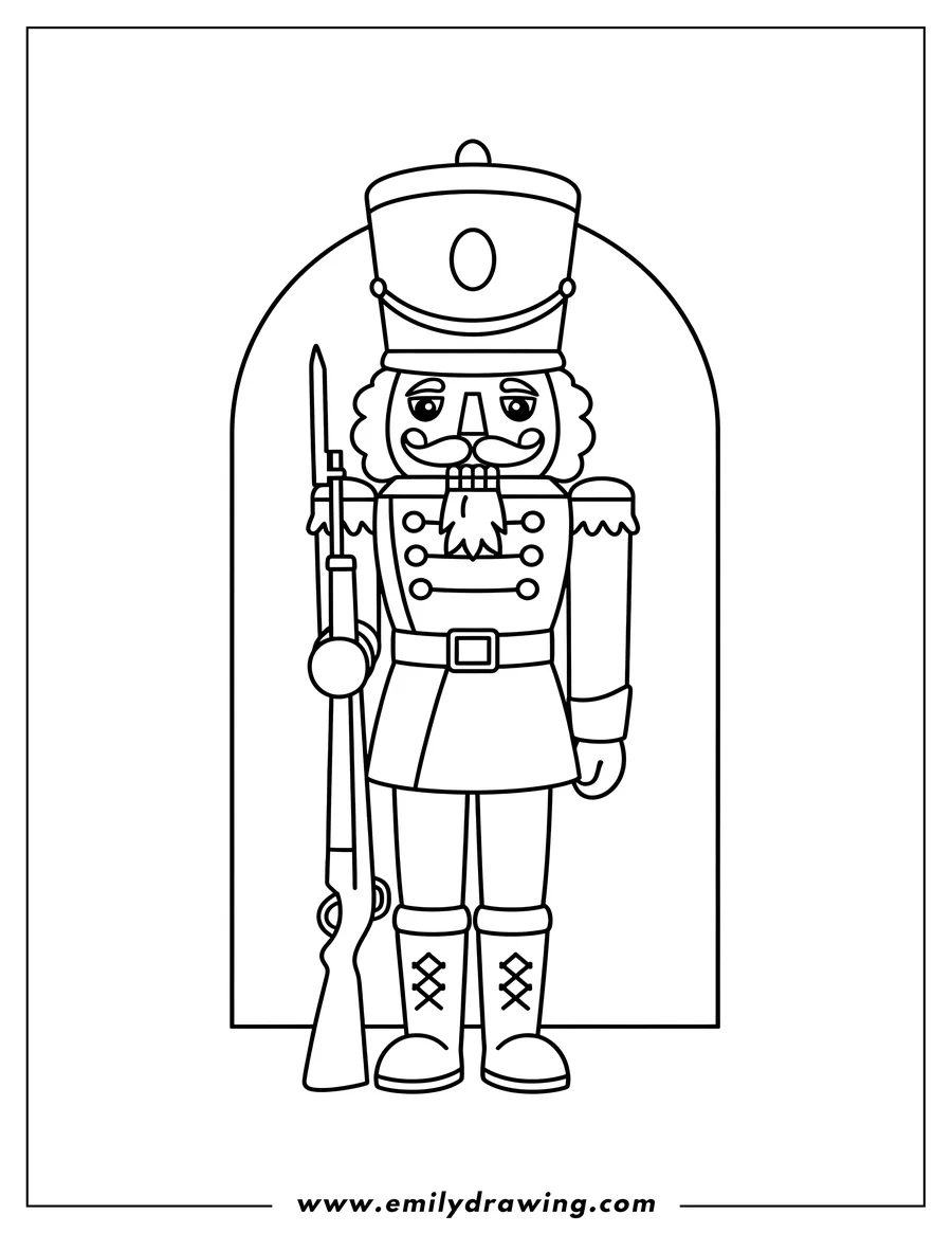 Free printable coloring sheet of nutcracker Guard With Simple Details, standing upright, with a tall hat