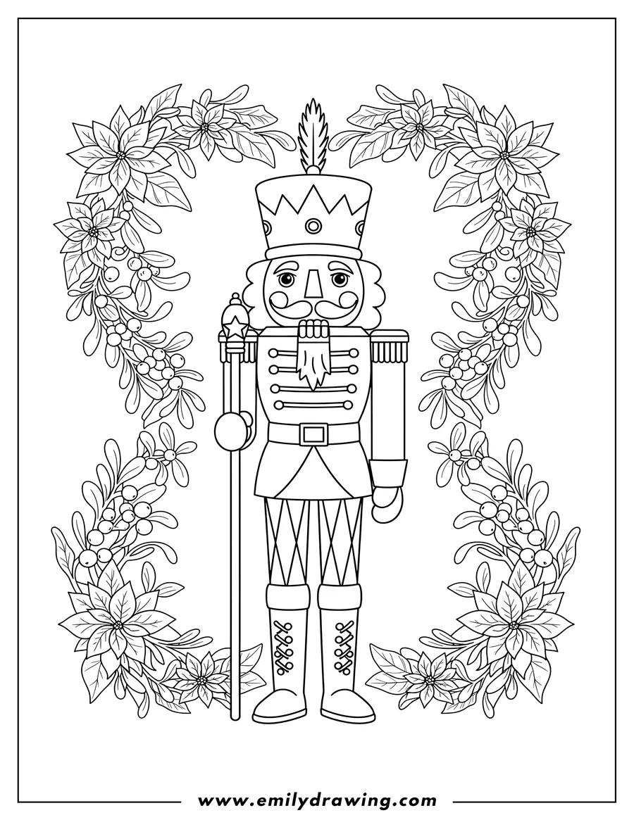 Full page coloring image of nutcracker King standing, framed by Mistletoes and Poinsettia garlands
