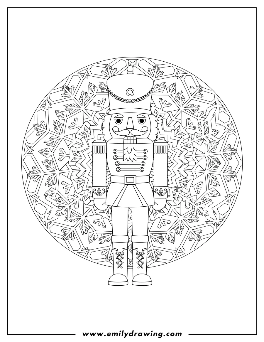 Simple sketch of nutcracker soldier standing inside a snowflake mandala to color