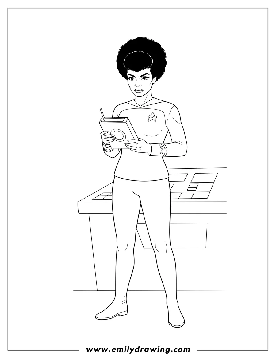Doodle style coloring picture of nyota Uhura holding a device in both hands with a serious expression, Star Trek