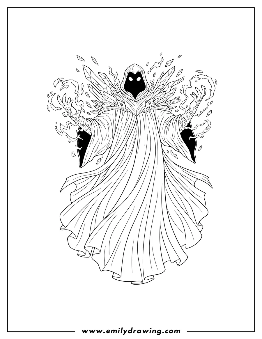 Free printable coloring sheet of oblivion Green Lantern Villain in flowing robes with raised hands