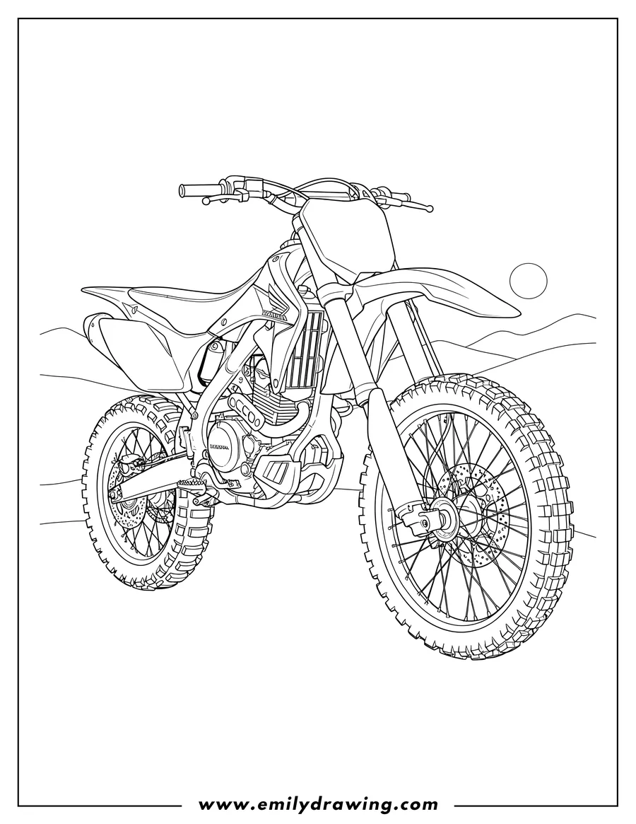 Clean line drawing: off Road Honda dirt bike with knobby tires, three-quarter view