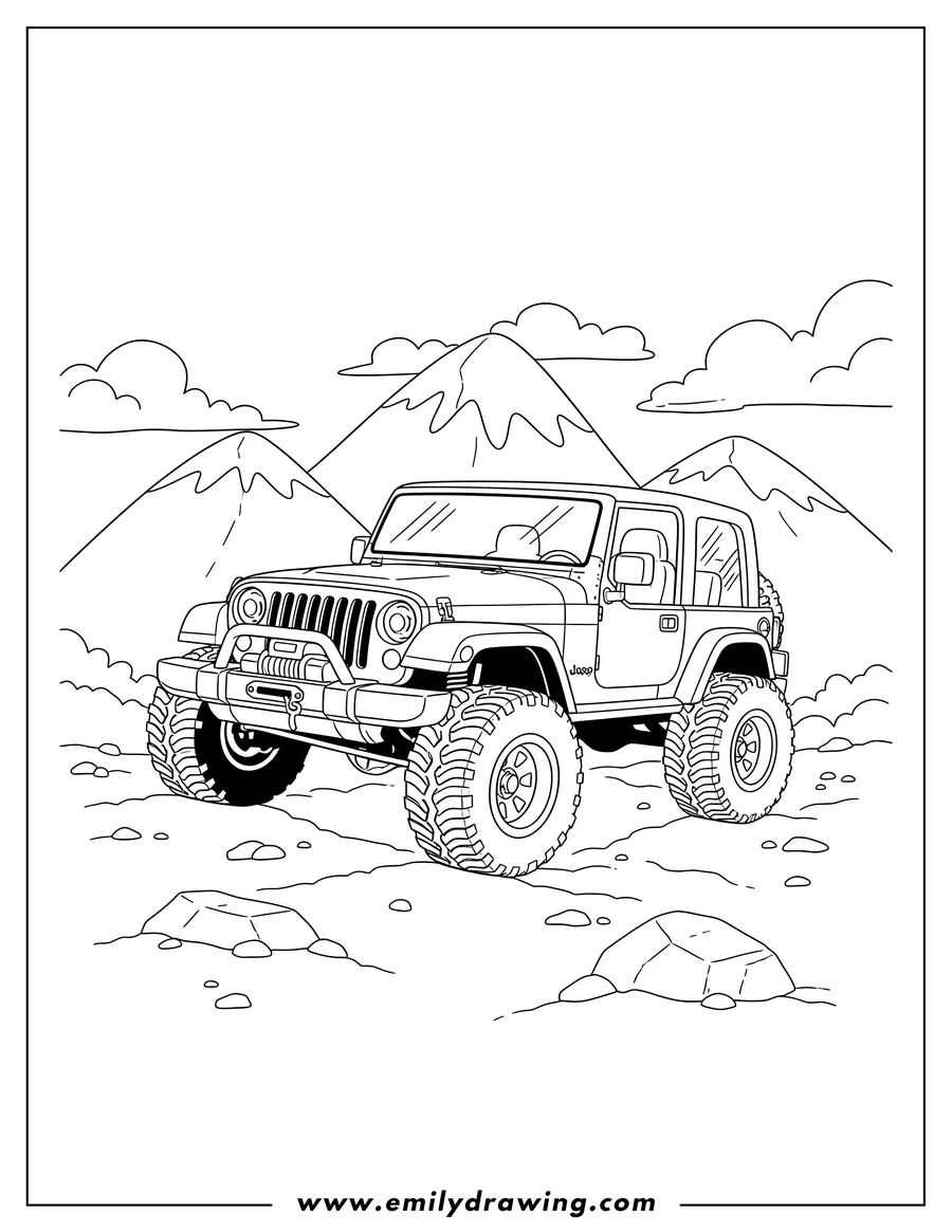 Clean line drawing: an off-road Jeep on uneven ground with mountains