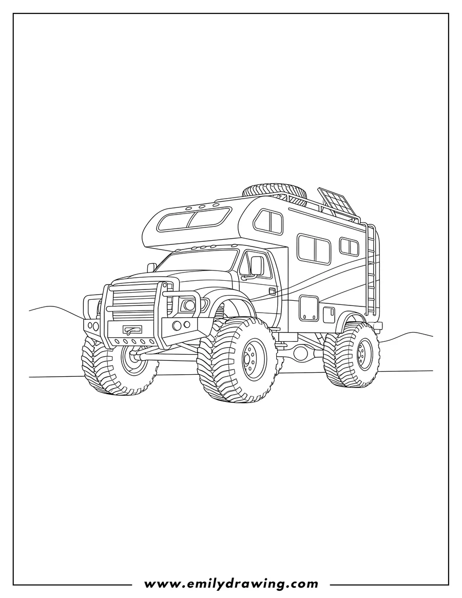 Coloring sheet featuring off Road Rv, a large truck with rugged tires and a front grille guard