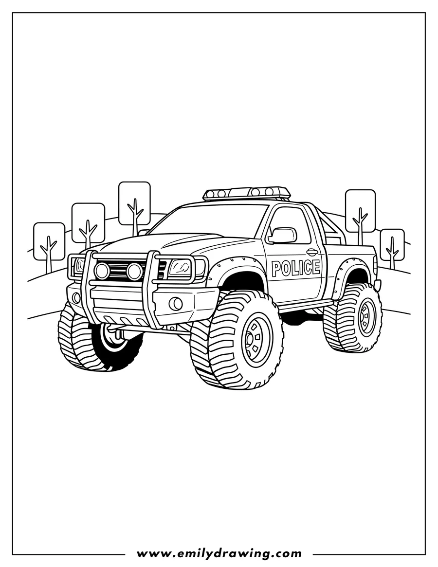 Simple sketch of off Roading Police pickup truck with large tires and a brush guard to color