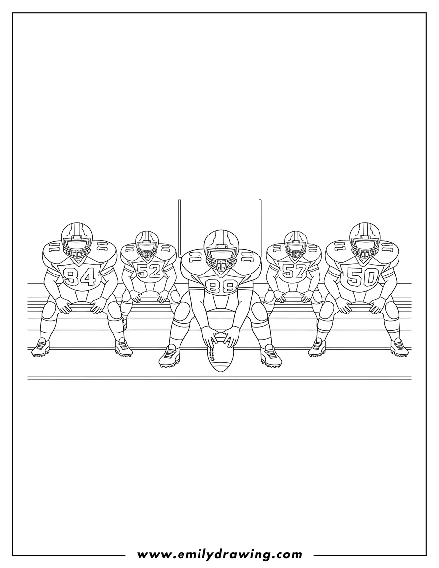 Downloadable coloring page of offensive Guard Players To Color, lined up on a football field in ready stances, with a center holding the ball