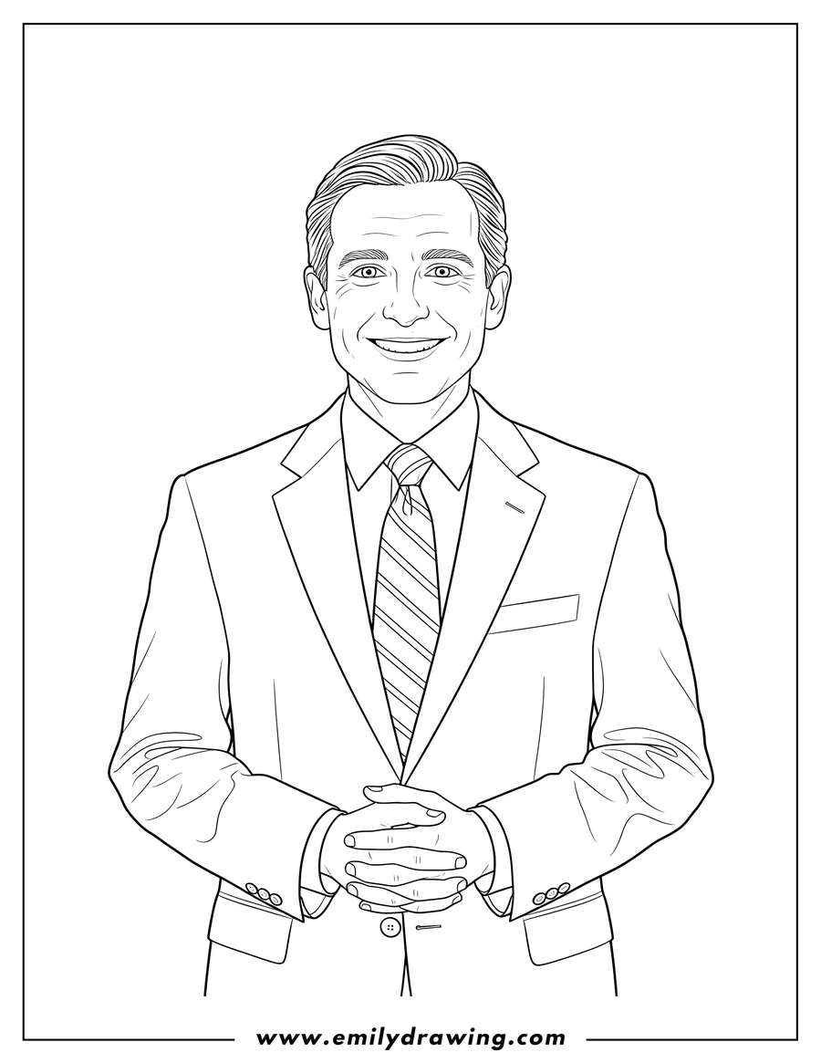 Outline drawing of office Poster Michael Scott, hands clasped, wearing a suit