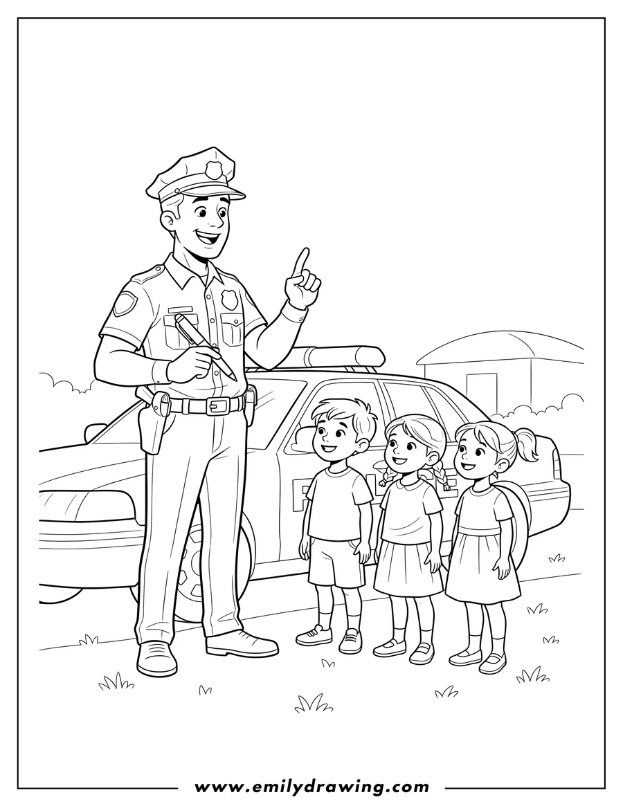 Outline drawing of officer standing outside a police car, pointing one finger up and holding a pen, speaking to children who are looking up at him