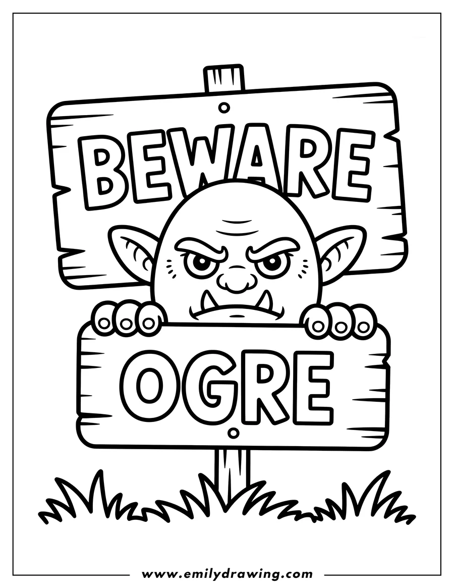 Line art of an ogre peeking over a wooden sign that reads 'BEWARE OGRE', with grass at the bottom.