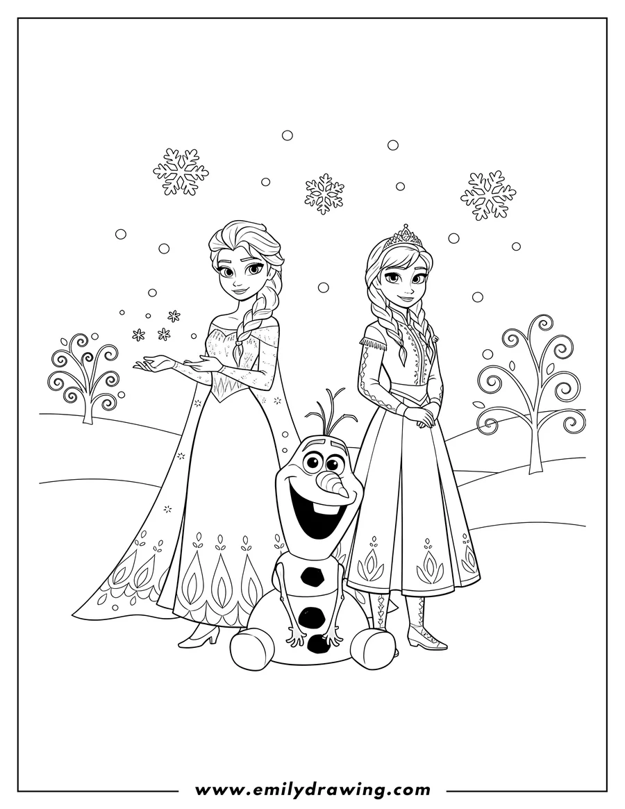 Black and white line art of olaf, Elsa, and Anna in a snowy scene, with Olaf sitting