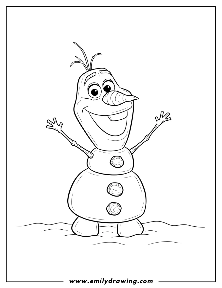 Printable line art of olaf from Disney, smiling and standing