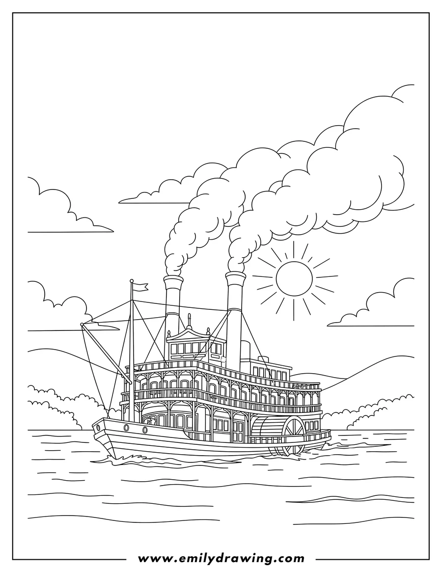 Outline drawing of old Fashioned Steamboat with Two Smokestacks Billowing Smoke Sailing Down Serene River