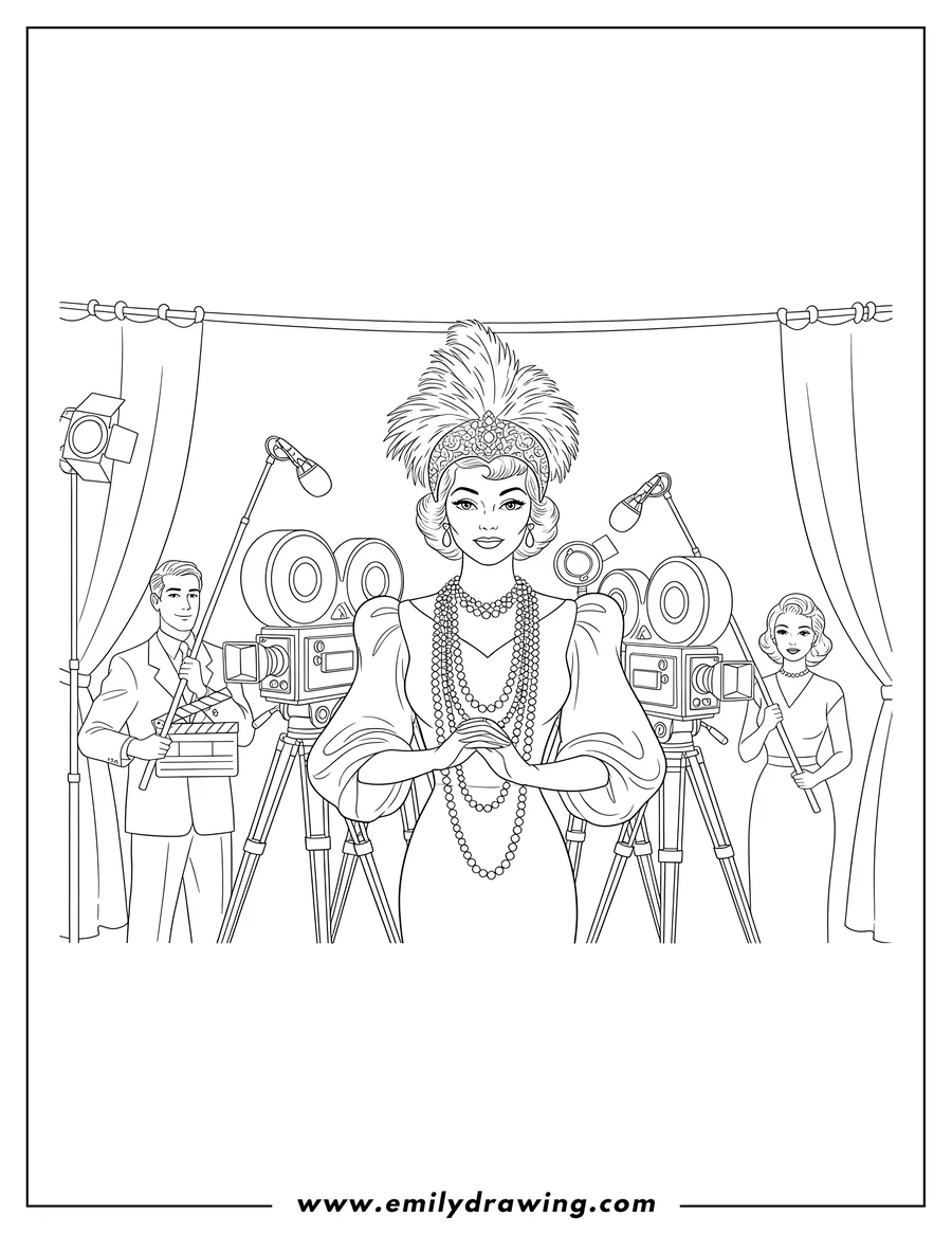 Full page coloring image of old Hollywood Actress With Feathered Headband Surrounded By Cameras, wearing long strands of pearls, posing with clasped hands, and with two crew members
