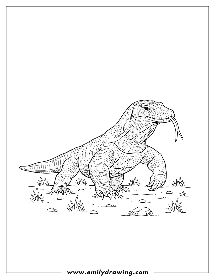 Printable coloring page of old Komodo Dragon walking on grass with a lifted front leg