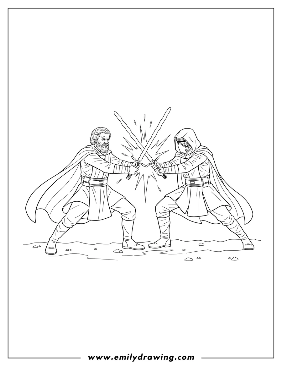 Printable coloring page of old Luke Skywalker and Kylo Ren clashing lightsabers