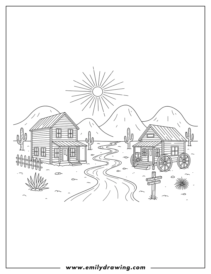 Coloring sheet featuring old West Texas Desert Town with two wooden houses, one on wheels, on a winding path