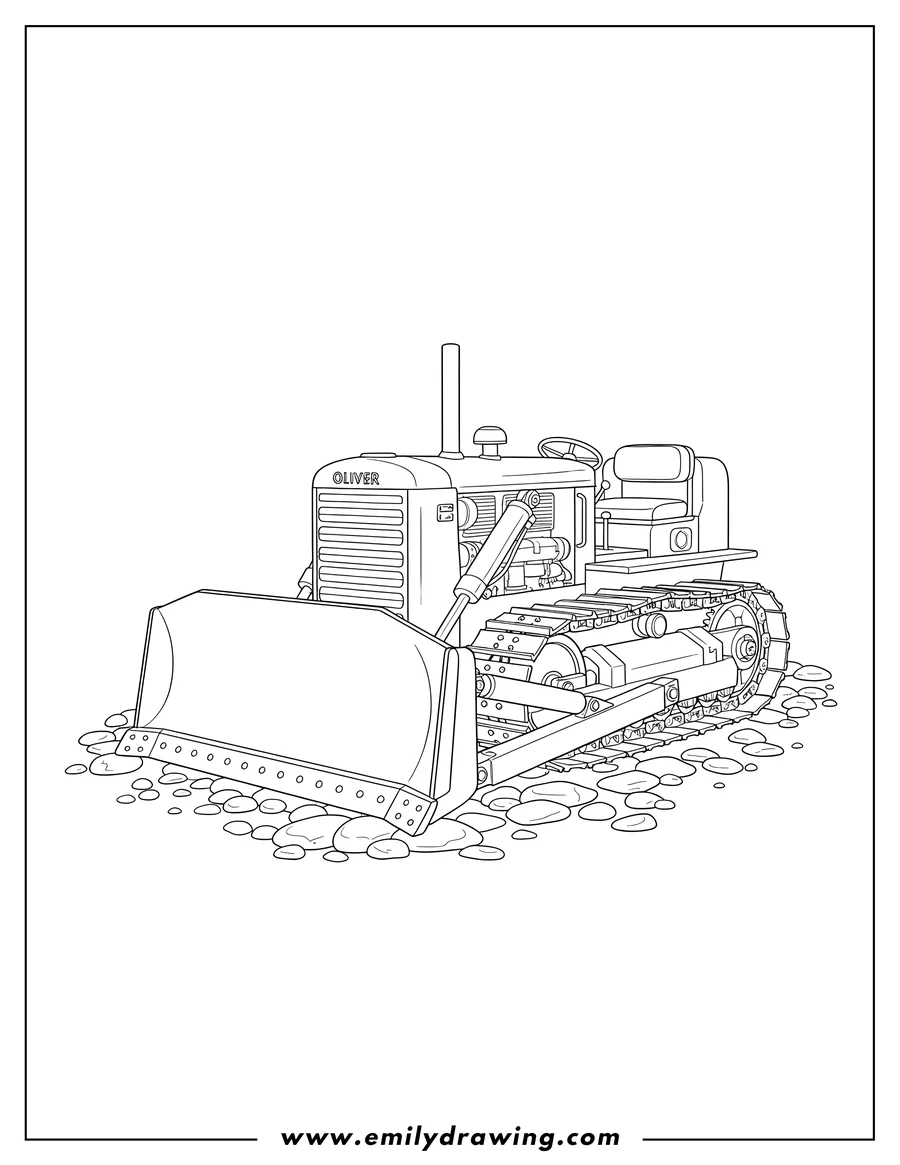 Free printable coloring sheet of realistic Oliver Caterpillar Bulldozer with a front blade on rocky ground