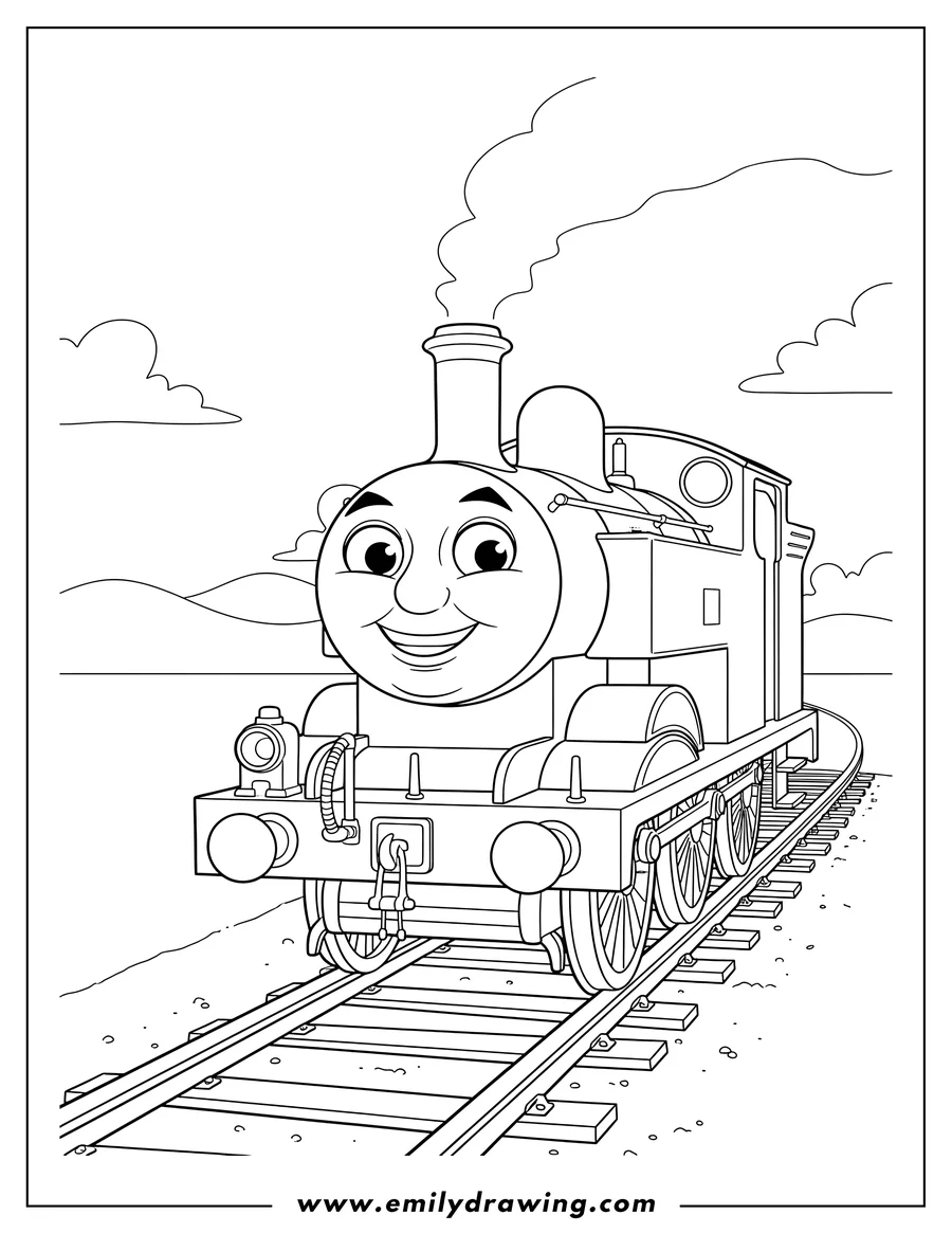 Black and white line art of oliver Train from Thomas and Friends with a smiling face, on railway tracks, coloring page