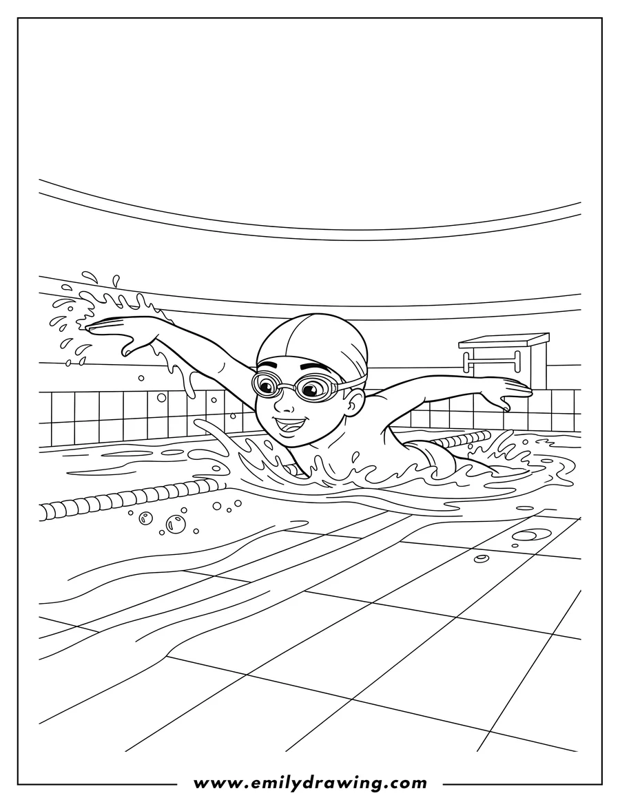 Clean line drawing: olympic swimmer wearing a cap and goggles, reaching forward in a freestyle stroke, in a pool