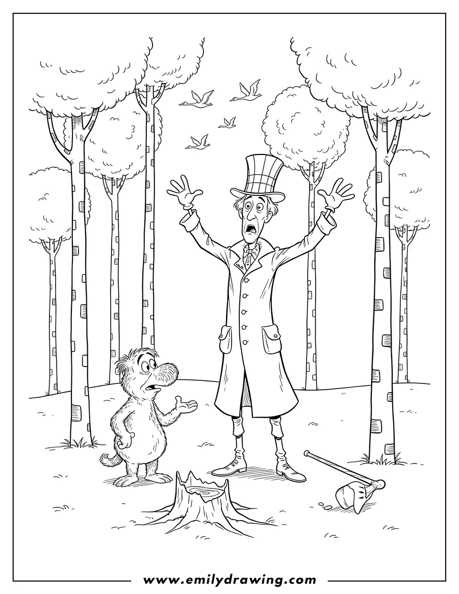 Coloring sheet featuring once Ler And Lorax Truffula Forest, Once-ler looking surprised
