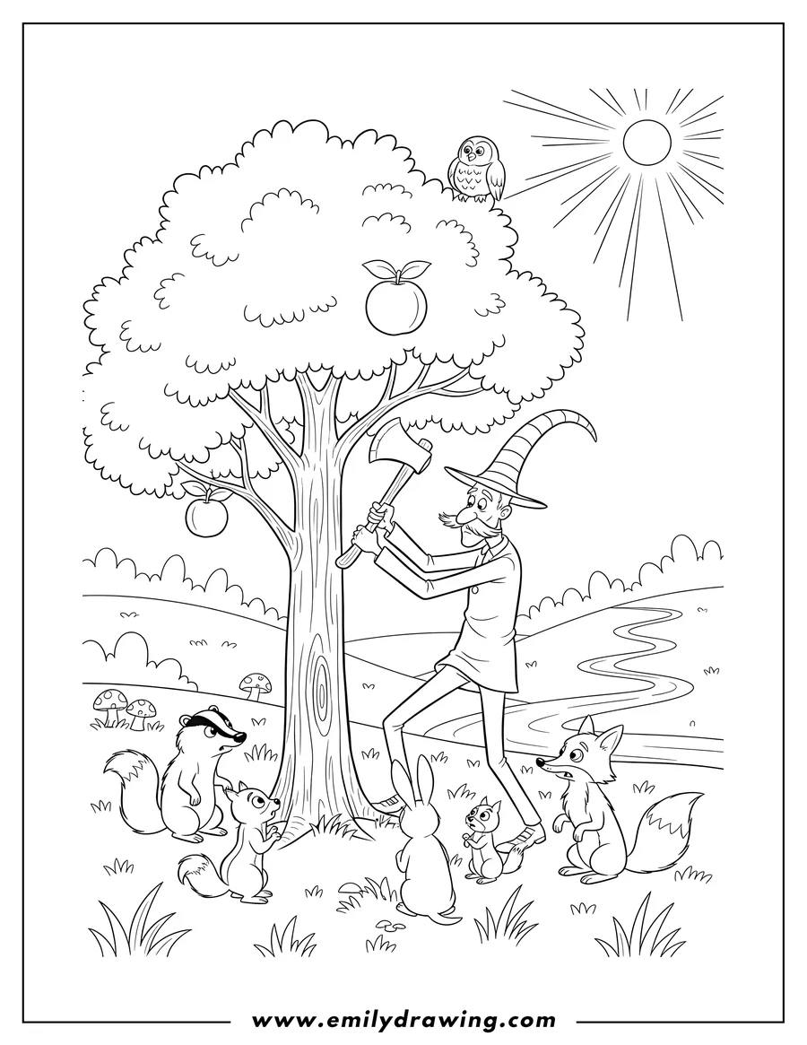 PDF style coloring page: once Ler swinging an axe at a tree, with forest animals watching