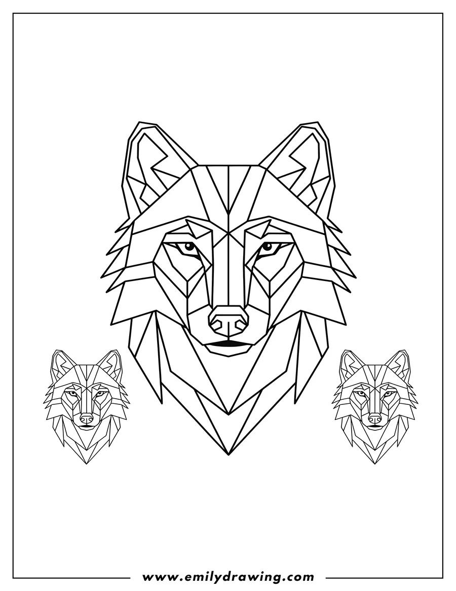 High quality printable one large and two smaller geometric wolf faces, line art for coloring for coloring