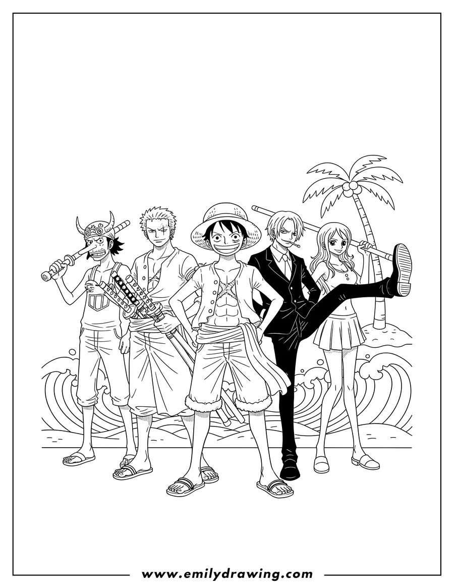 Vector style outline of one Piece Luffy Zoro Sanji Usopp And Nami standing as a group, Zoro with his sword, Nami with her staff