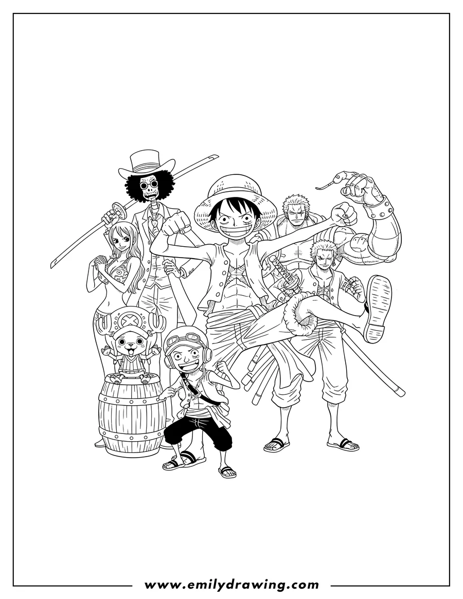 Outline drawing of one Piece Luffy Nami Robin Sanji Zoro Franky Chopper Brook And Usopp in a group pose, Zoro holding a sword, Chopper standing on a barrel