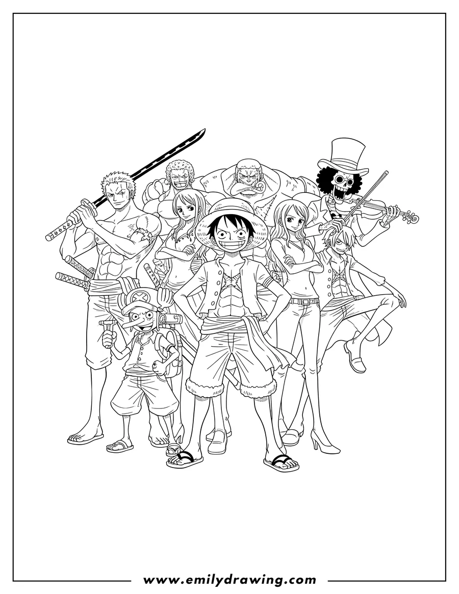 Doodle style coloring picture of one Piece Anime, Straw Hat Pirates group posing