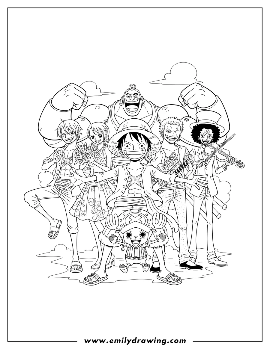 Simple sketch of one Piece Straw Hat Pirates smiling group to color