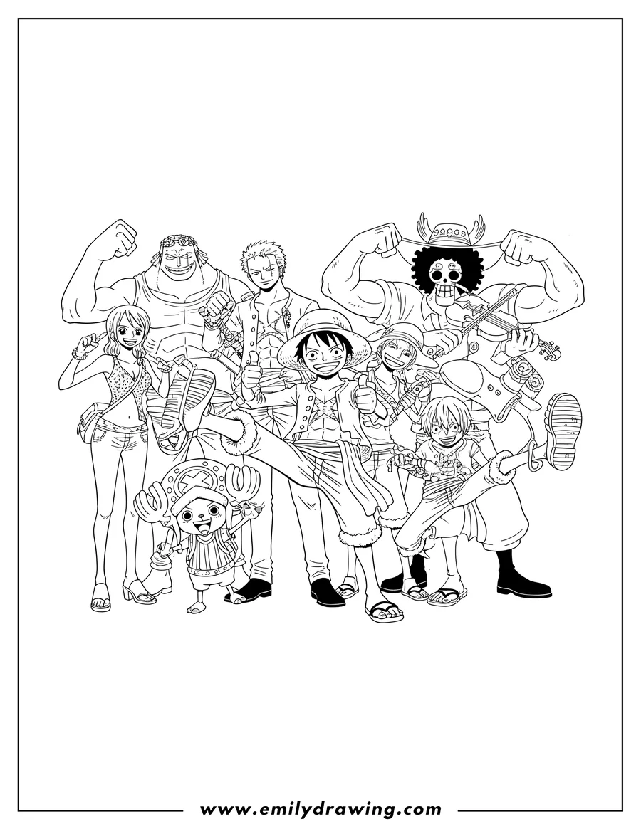 High quality printable one Piece Straw Hat Pirates with Jimbei, Franky, and Brook, joined by the entire crew, all posing together for coloring