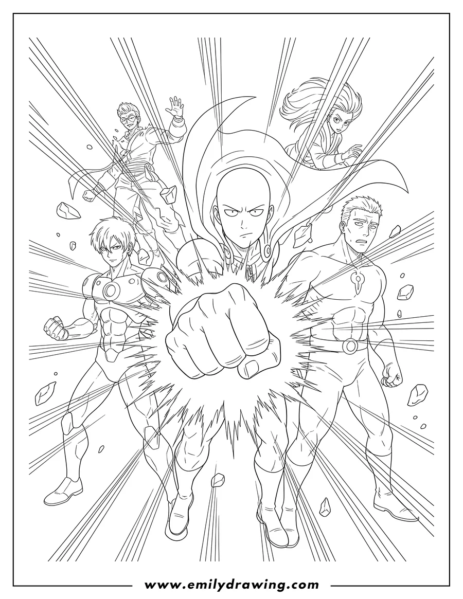 PDF style coloring page: one Punch Man heroes with Saitama punching