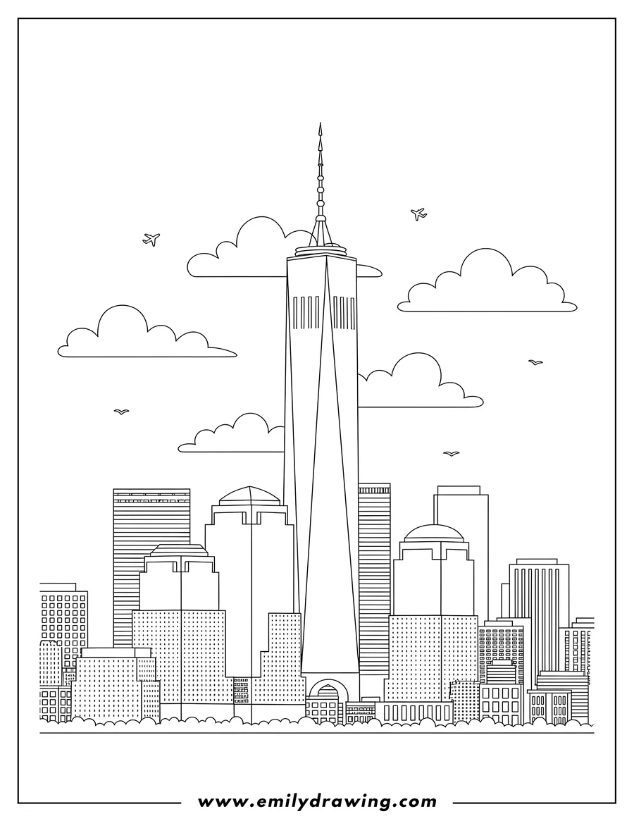 Clean line drawing: one World Trade Center New York, coloring page, surrounded by clouds and city buildings