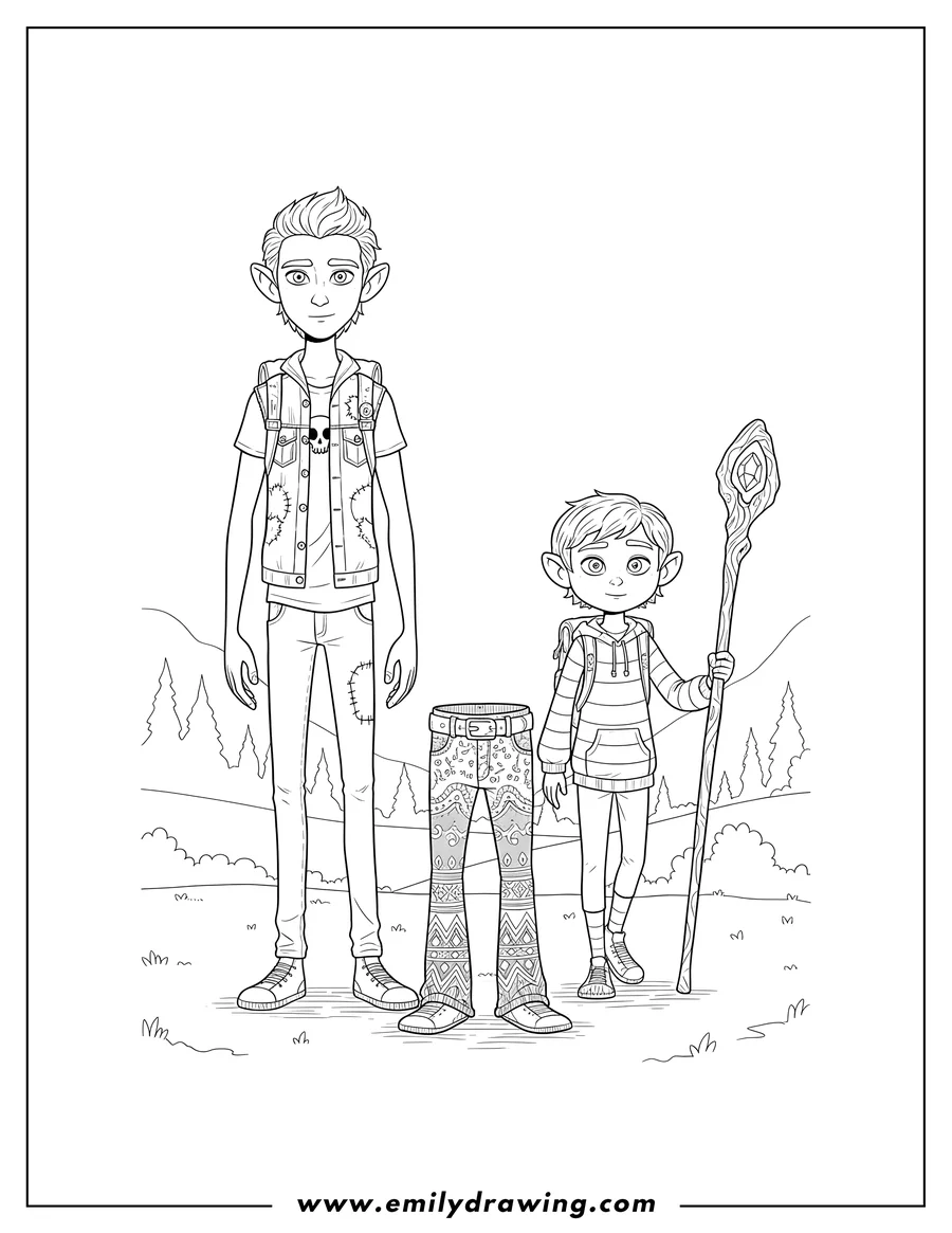 Printable line art of onward Barley and Ian Lightfoot standing with their dad's magic pants, Ian holding a staff