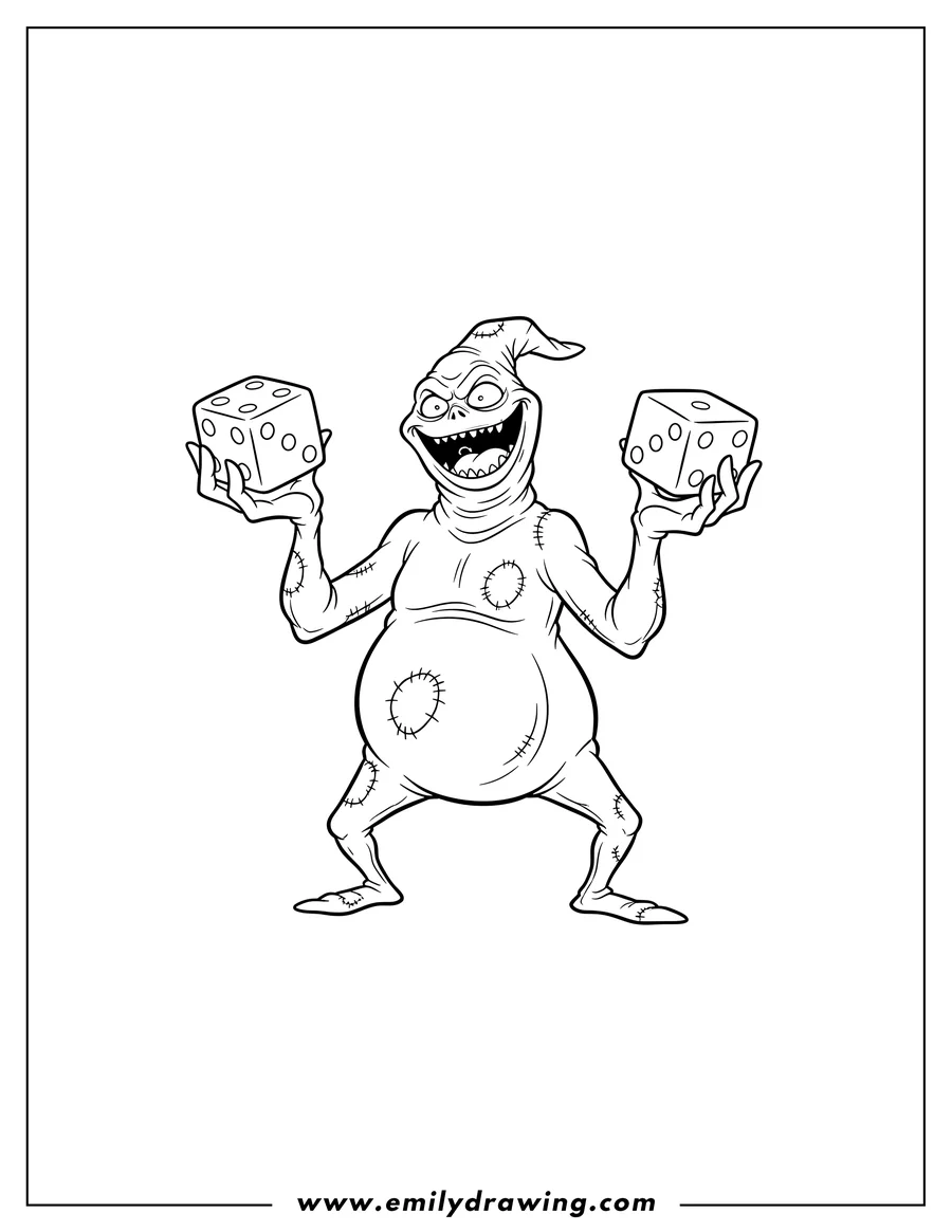 Free to print drawing of oogie Boogie holding dice and smiling