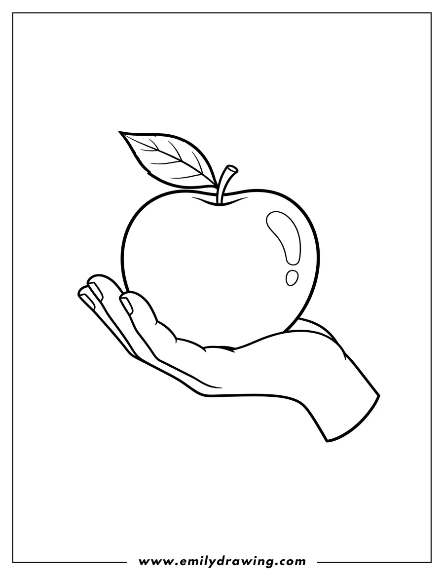 Black and white line art of open hand holding a shiny apple with a leaf
