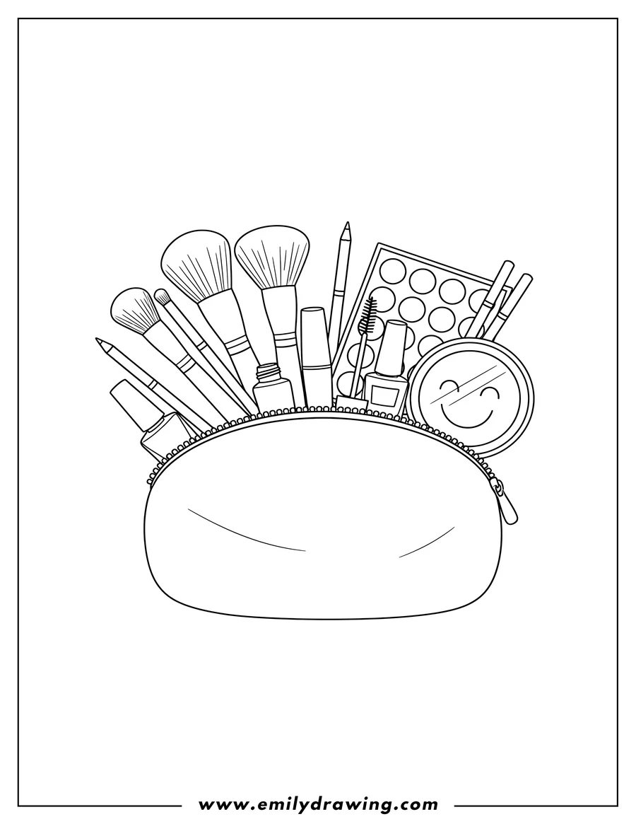 PDF style coloring page: open makeup bag filled with brushes, an eyeshadow palette, eyeliners, mascara, nail polish, and a compact mirror