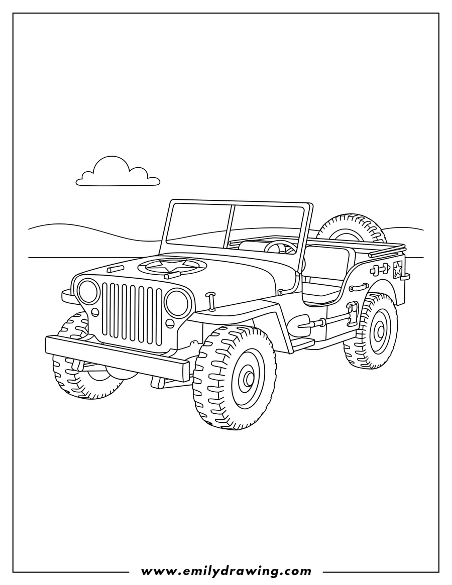Coloring page for kids: open-top World War II Army Jeep, front-side view