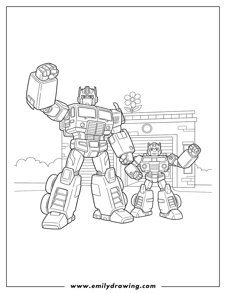 Linear illustration of optimus Prime and Bumblebee Rescue Bots standing together, Optimus Prime with a raised fist