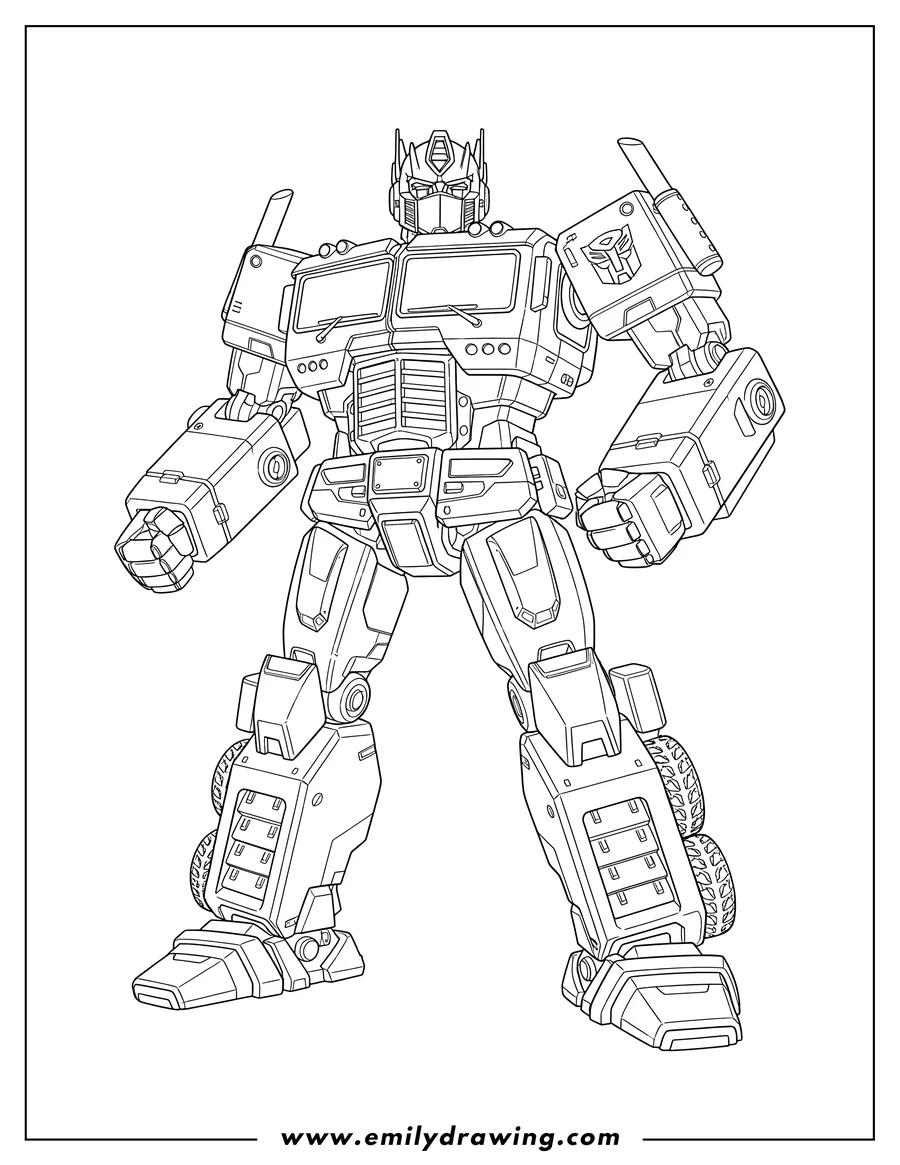 Black and white line art of optimus Prime Autobot standing, highly detailed