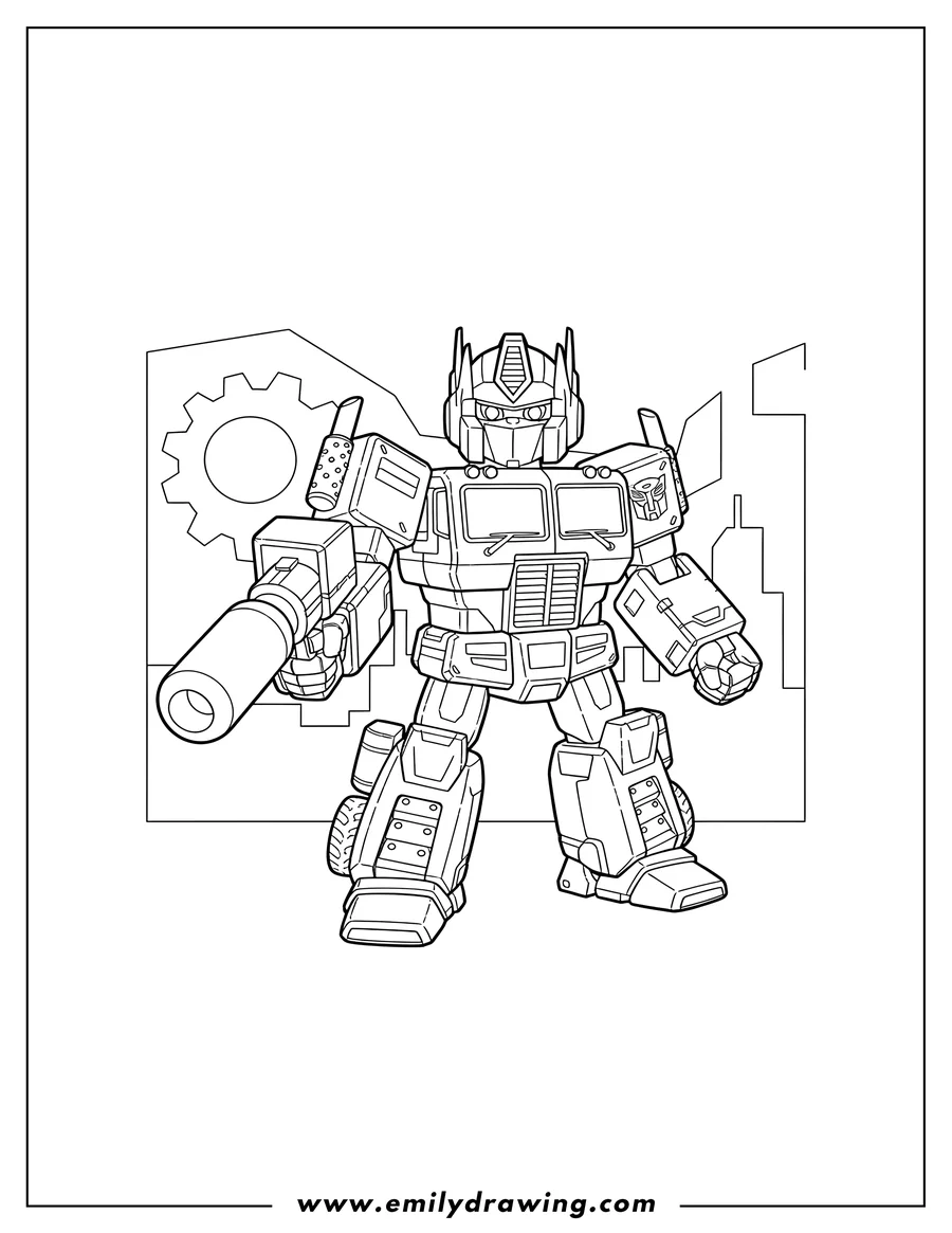 Vector style outline of optimus Prime Transformer Scaled, holding a blaster
