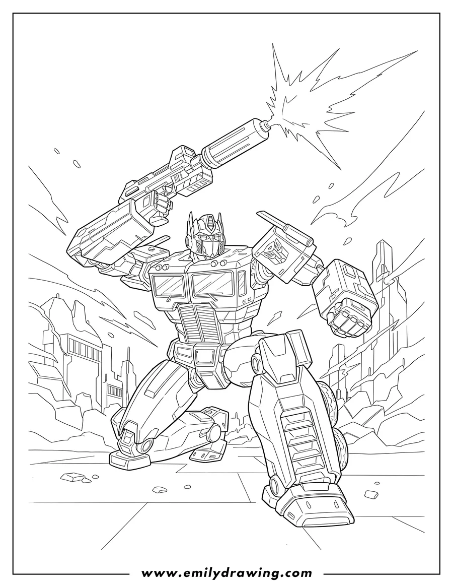 PDF style coloring page: optimus Prime in a dynamic battle pose, holding his Ion Blaster raised